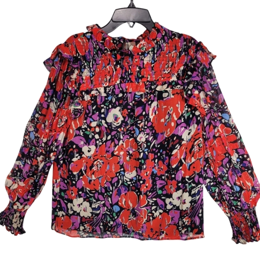 J. Crew Floral Metallic Ruffle Blouse